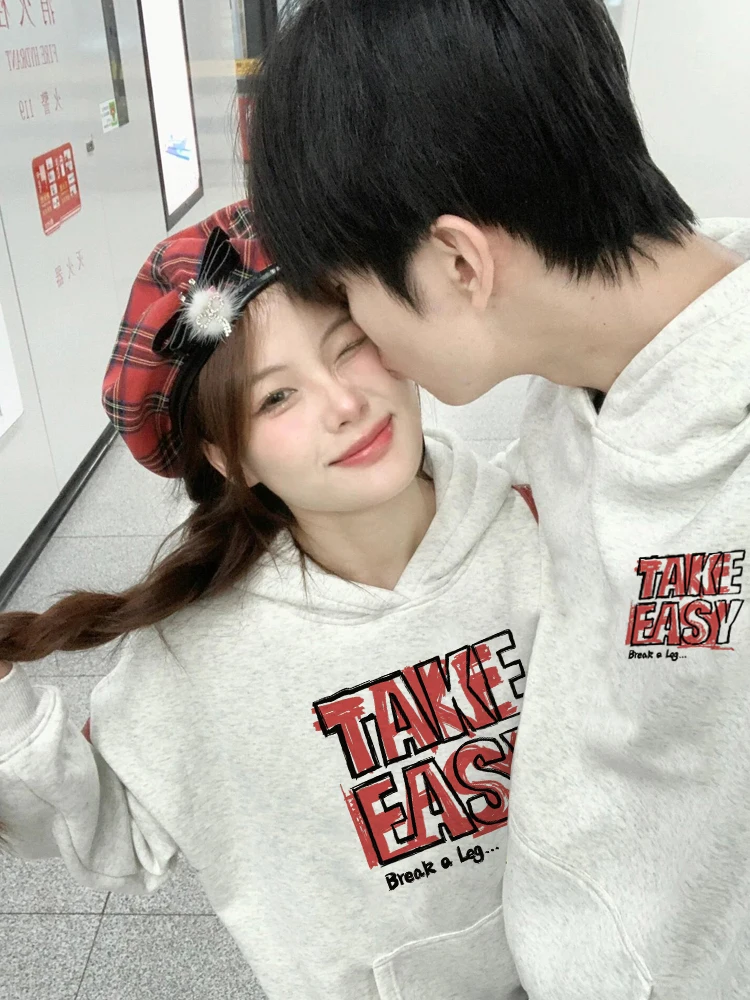 Take Easy Letter Print Couple Hoodies Autumn and Winter 2024 New Oversize Retro Trend Hooded Sweatshirts