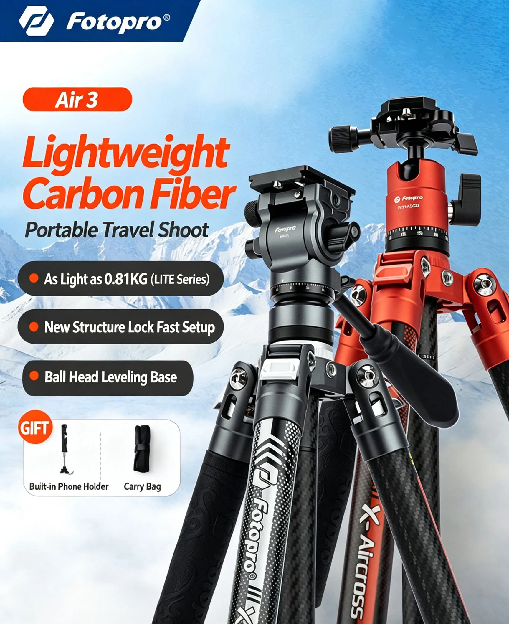 

Fotopro X Aircross 3 Lite Professional Video Tripod Carbon Fiber Extendable Portable Lightweight 10kg Payload for DSLR Camera