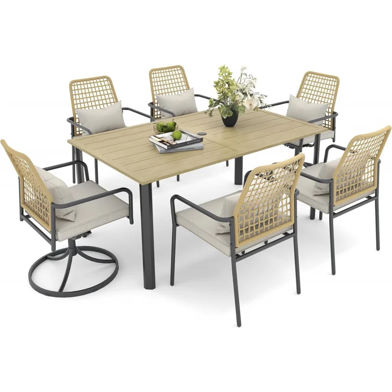 

-Piece Patio Rattan Dining Set, Weather Resistant Wicker Furniture with 63'' Rectangular Table and Comfort Cushions,
