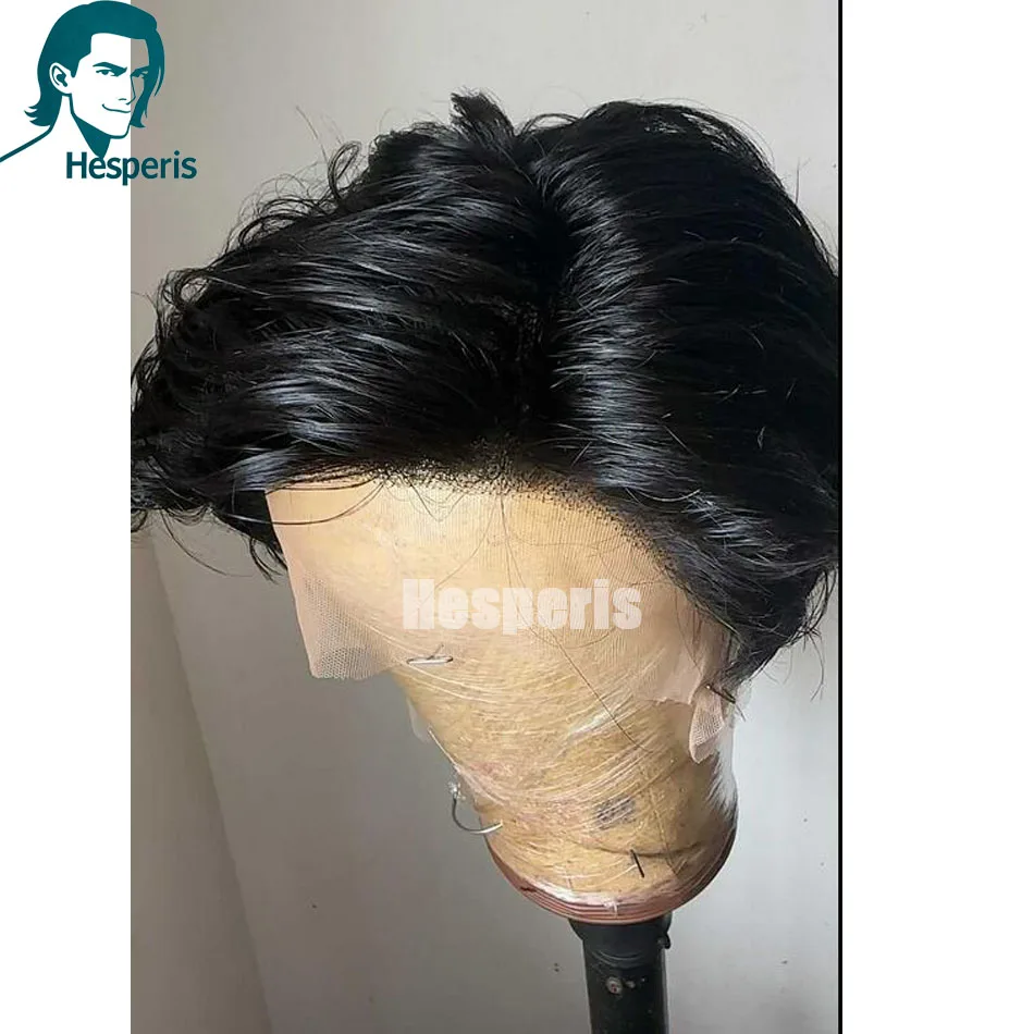 Hesperis Gluless Lace Front Wig 13x6 Deep Part Pre Plucked Natural Wavy Short Cut Human Hair Wig for Men Boy Natural Color