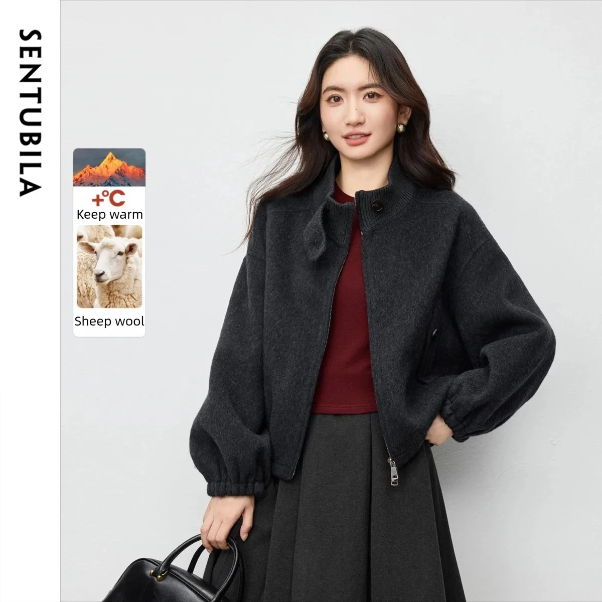 SENTUBILA Women's Loose Jackets 2025 Autumn Winter New Solid Stand Collar Short Coats Warm Casual Commute Female Tops W54OG8774