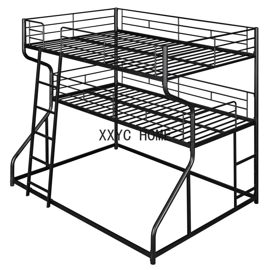 Full XL over Twin XL over Queen Size bed,Triple Bunk Bed with Safety guardrail,Long and Short Ladder,Unique curved metal frame