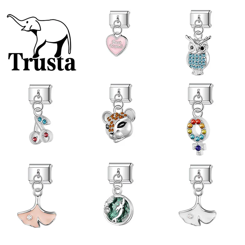 Trusta Zirconia cherry Apricot leaves owl Pendant Charms for italian bracelet Accessories 1pc Fit 9mm Beads Gifts Wholesale N818