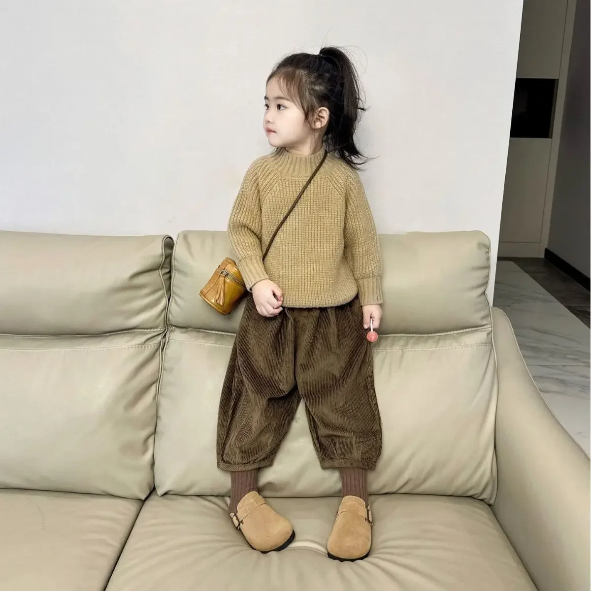 Two Pieces Autumn Winter Baby Boys Girls Clothes Set Khaki High Necked  Pullover Knitted Sweaters Shirts Thick Plus Brown Pants