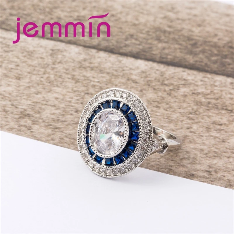 Generous Elegant Fashion Lady Full Big Blue White CZ Stone 925 Sterling Silver Roud Ring Jewelry For Women Wholesale
