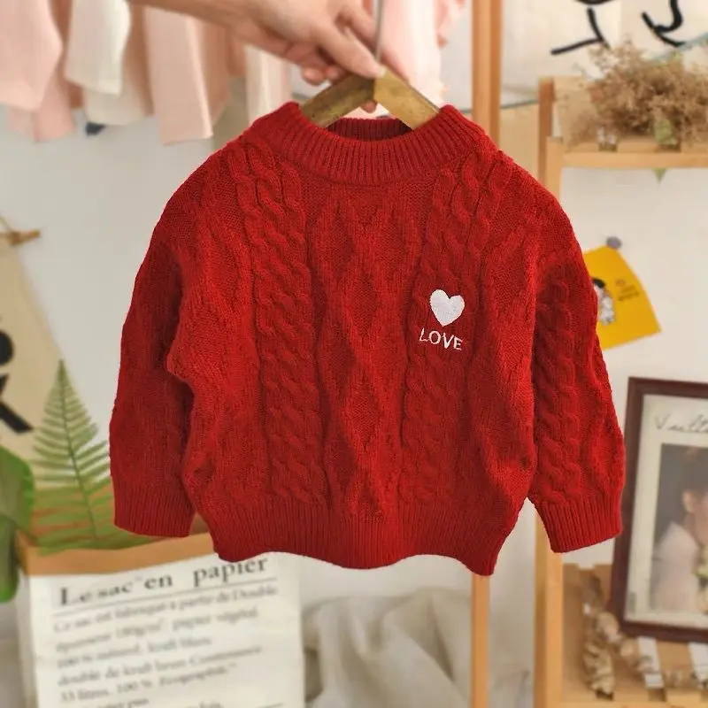 

Baby Girls Sweater Autumn/Winter New Thickened Children's Round Neck Love Knitted Little Girl Outerwear Sweater