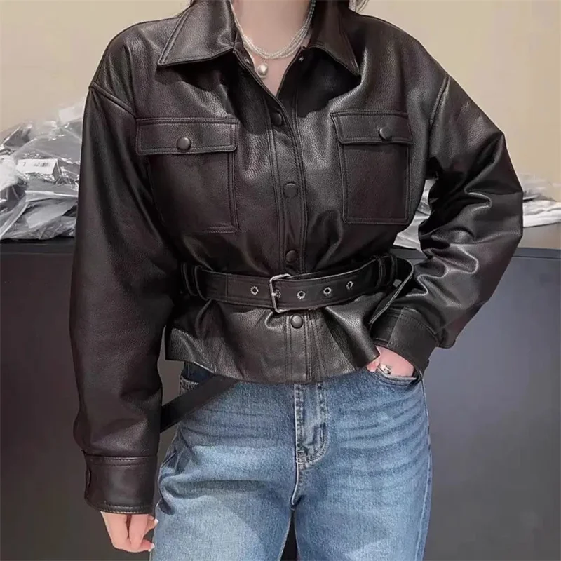 Giacca in pelle Giacche da donna Primavera e autunno Moda Risvolto Cintura monopetto Moda Breve Bellissimo cappotto in pelle Donna