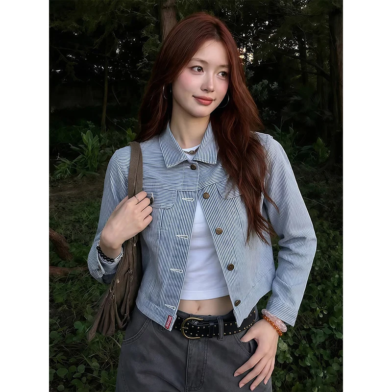 Autumn Winter Women Blue Design Denim Crop Jacket American Retro Y2k 2000s Gothic Racer Stripe Jacket Cowboy Outwear