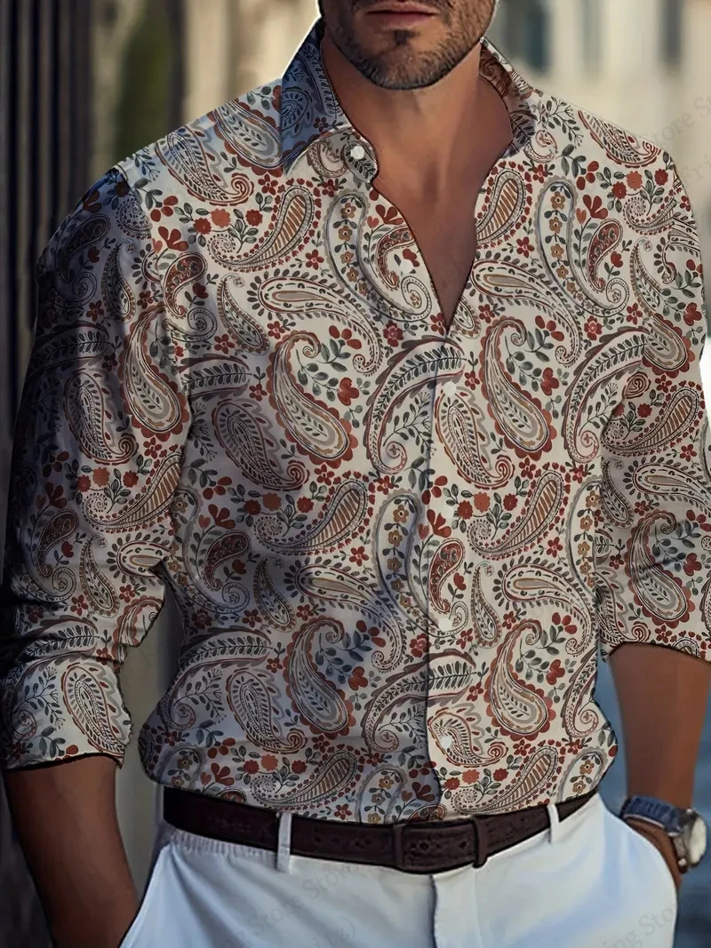 Mens Long Sleeve Hawaiian Shirt Elegant Floral Paisley Pattern Print Shirt Men Women Fashion Casual Lapel Shirts Beach Blouse