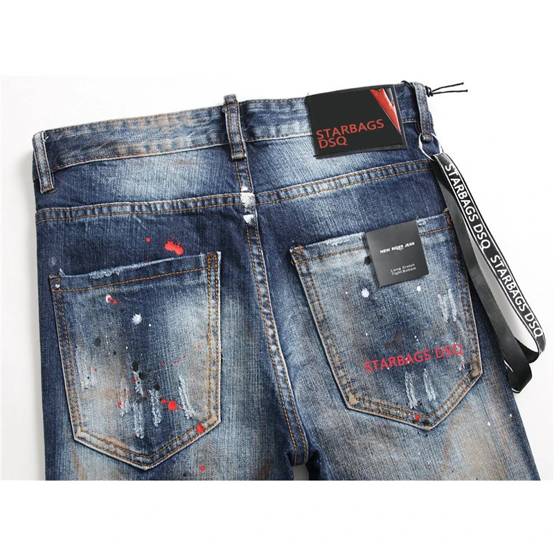 starbags dsq 1048 new Men's skinny Skinny jeans Ripped Fabric Non-stretch Paint Splash vintage blue jeans