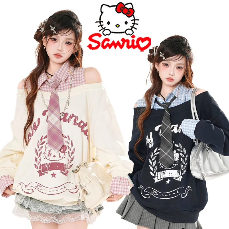 

Sanrio Hello Kitty Fake Two Slanted Shoulder Hoodies Cartoon Fashion Woman's Autumn Winter Loose and Slimming Long Sleeve Tops