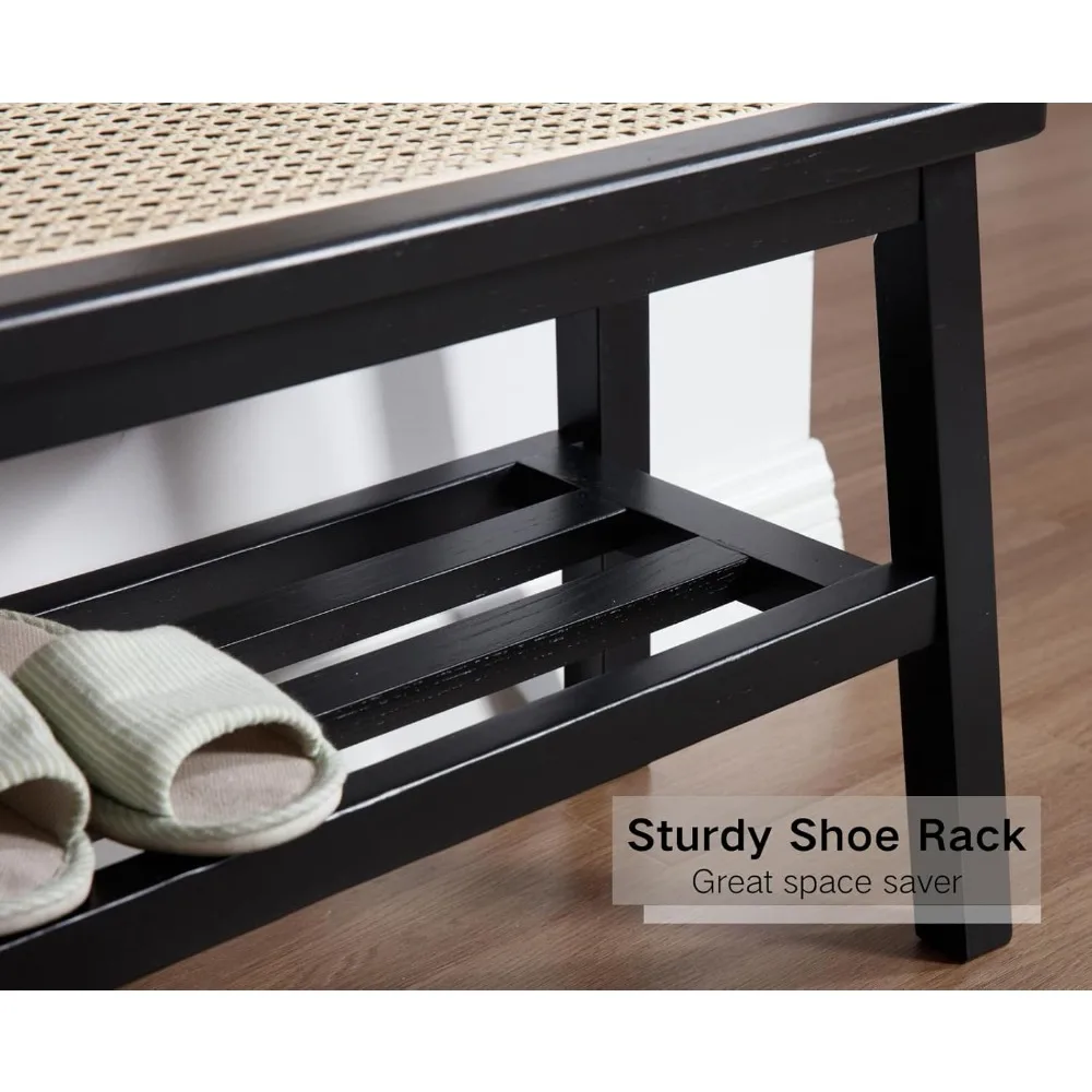 30 Inch Farmhouse Style Rattan Wood Bench with Shoe Storage for Entryway and Dining Area