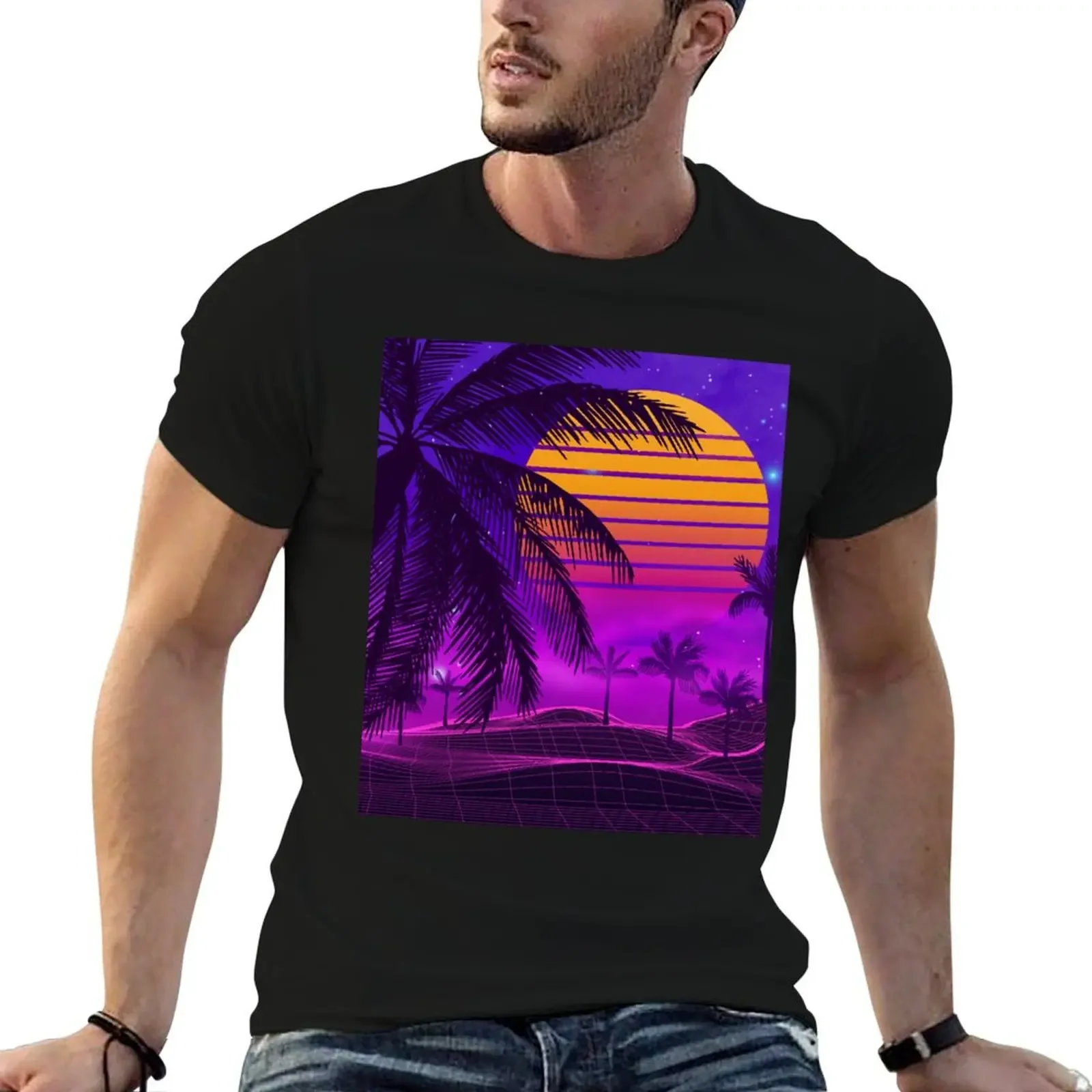 

80s sunset synthwave T-Shirt tees sports fans cotton graphic tees hippie clothes shirts graphic tee men