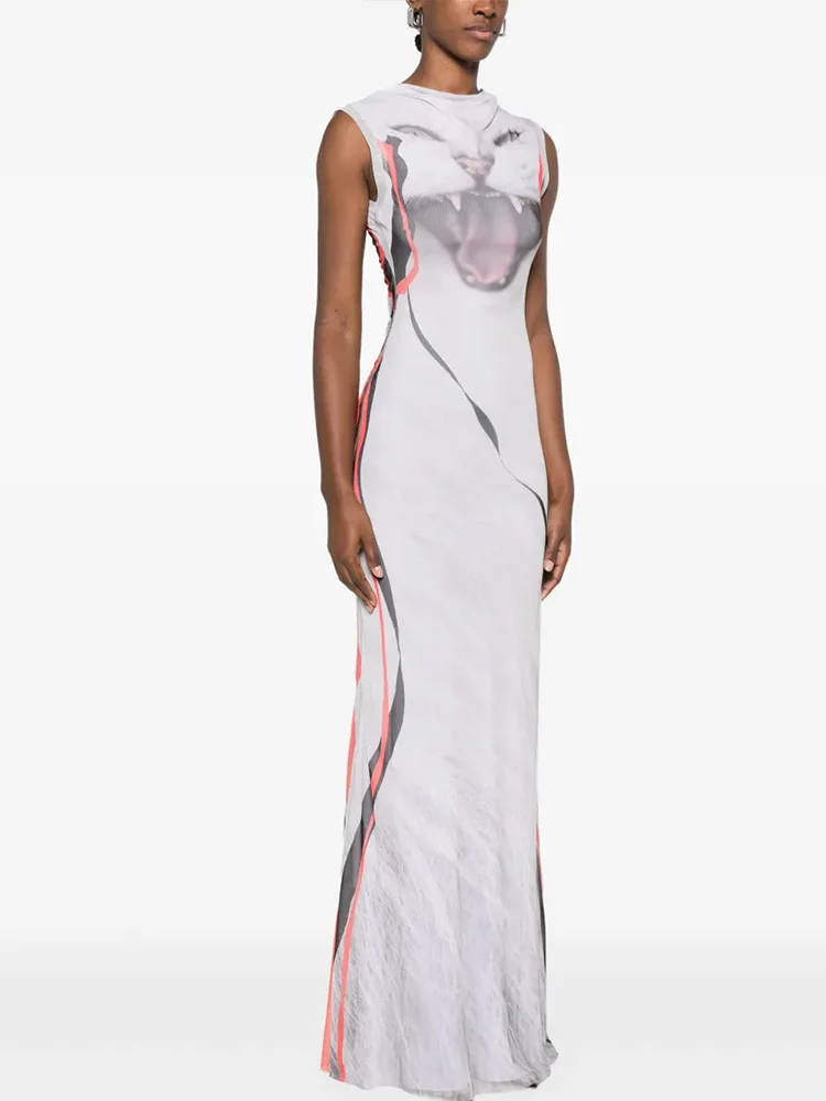 Tank Maxiชุดผู้หญิงแฟชั่นเซ็กซี่Streetwear Kittyพิมพ์O-คอผอมยาวVestidos RobeหญิงสบายๆSlim