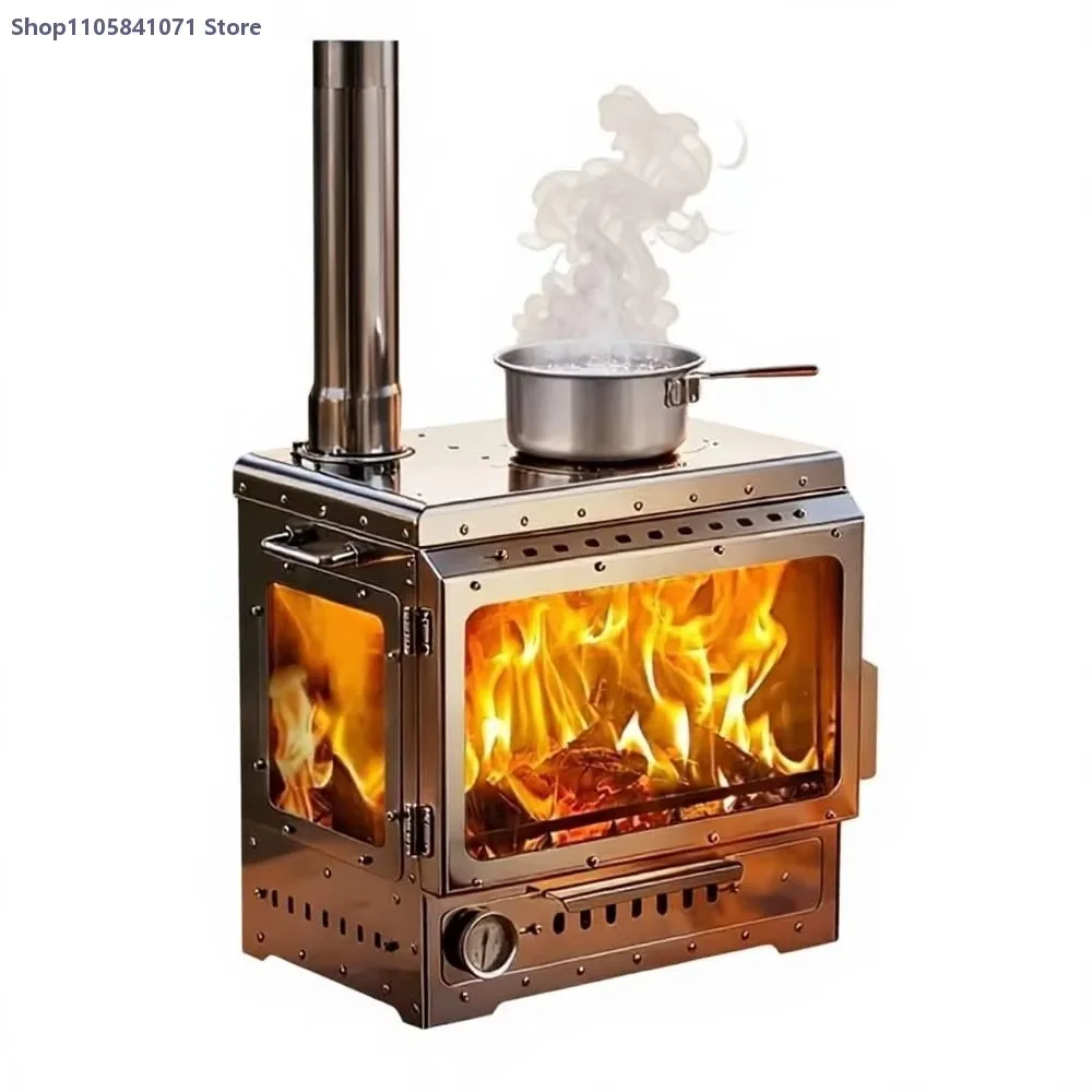 Portable Stainless Steel Camping Wood Stove with Three-Sided Glass Window for Tent BBQ Fishing Picnic Outdoor Cooking