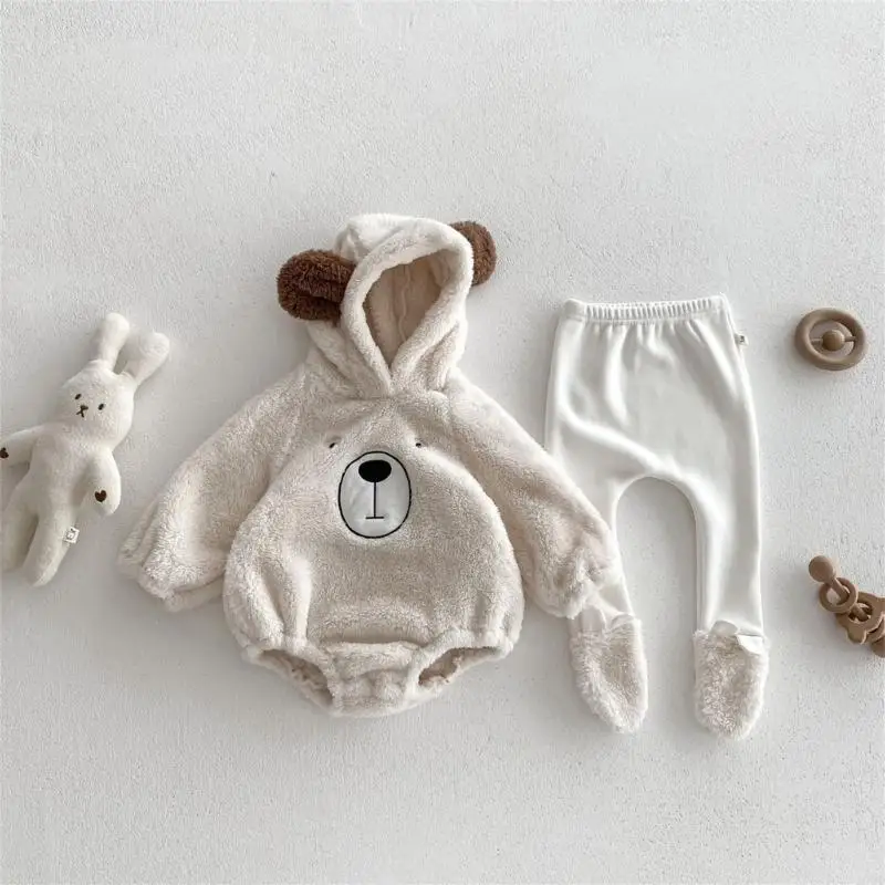 

D7YD Bear Designed Infant Outfit Set Warm Romper & Baby Tights for Cold Season