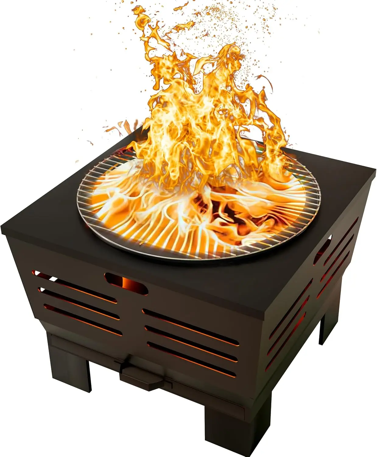 Smokeless Wood Fire Pit With BBQ Cooking Grill Grid High Efficiency Double Vent Airflow Heavy Duty Steel Frame 4 Leg Base Removable Ash Pan For Camping Backyard Patio Garden Black