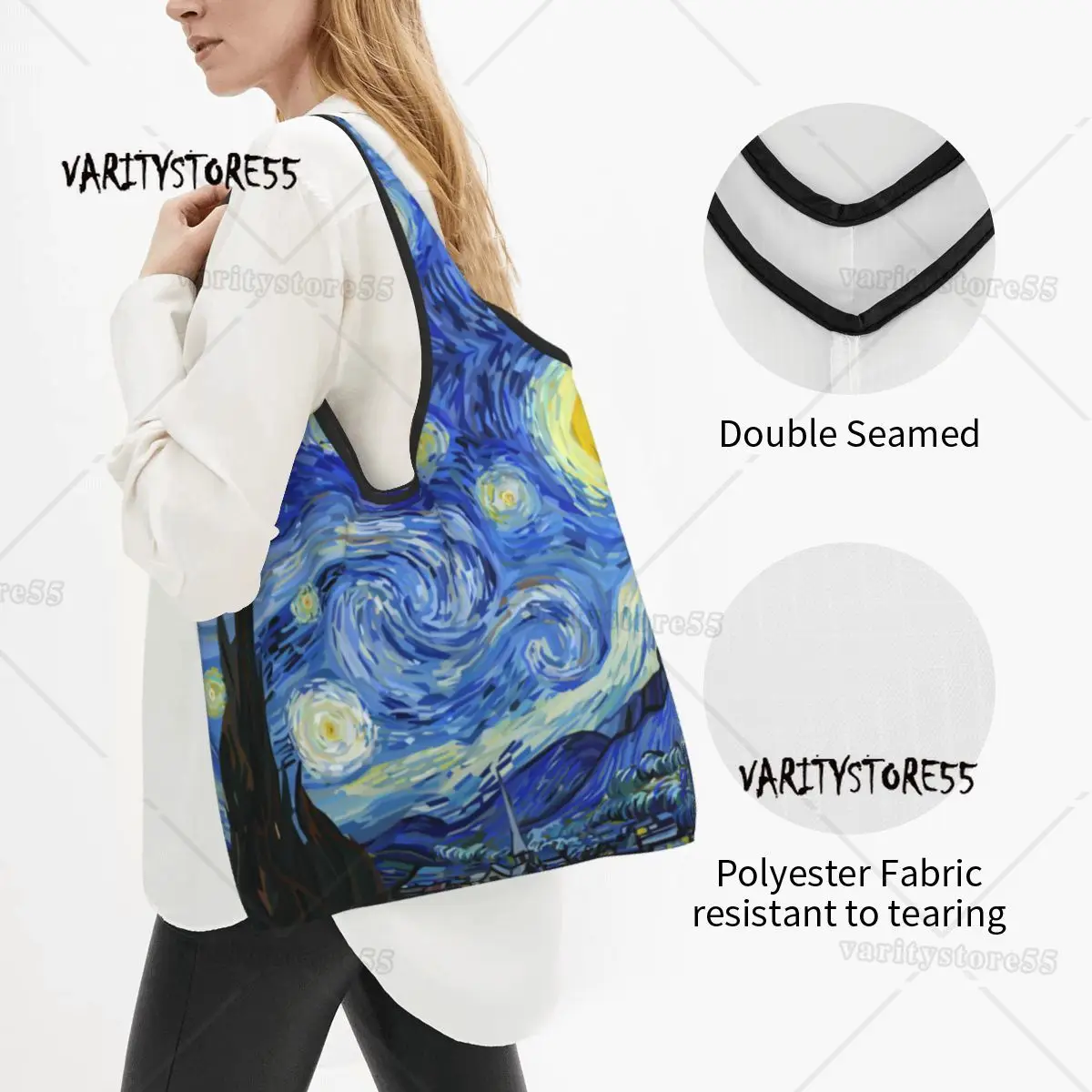 Reusable Van Gogh Painting Shopping Bags for Groceries Foldable Starry Night Grocery Bags Washable Sturdy Large Tote Bags