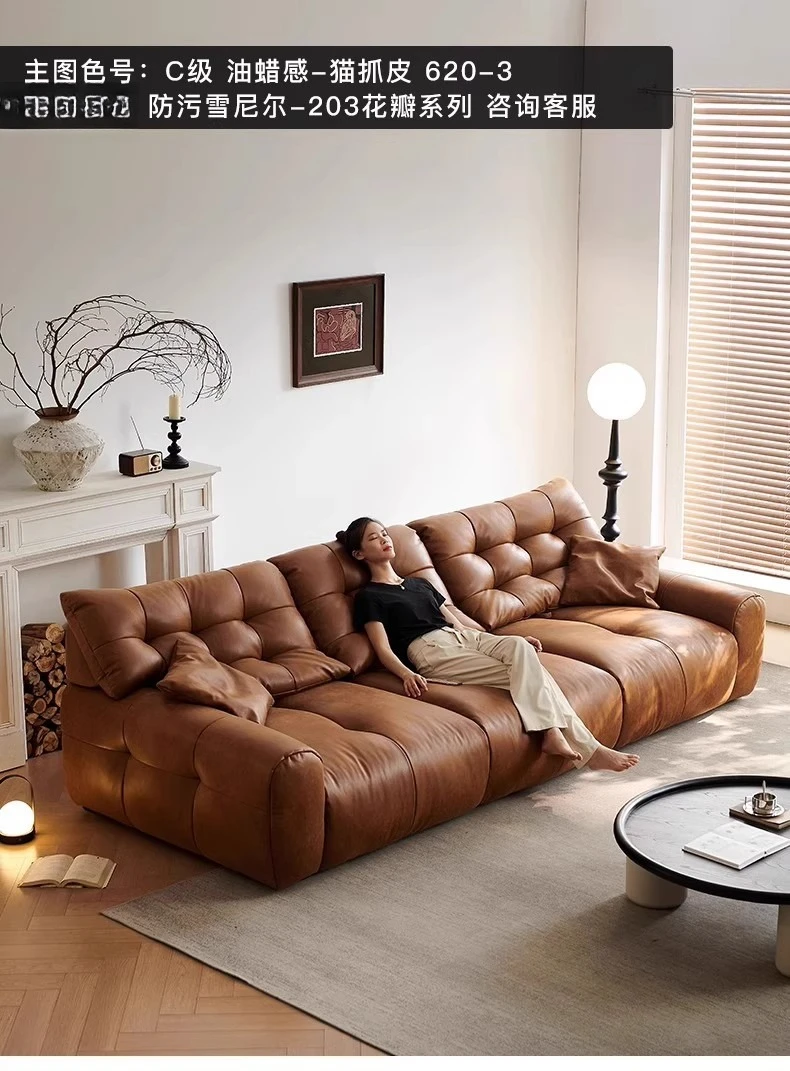 Super deep sitting width straight row oil wax cat scratching skin caramel color cloud removable backrest sofa 6