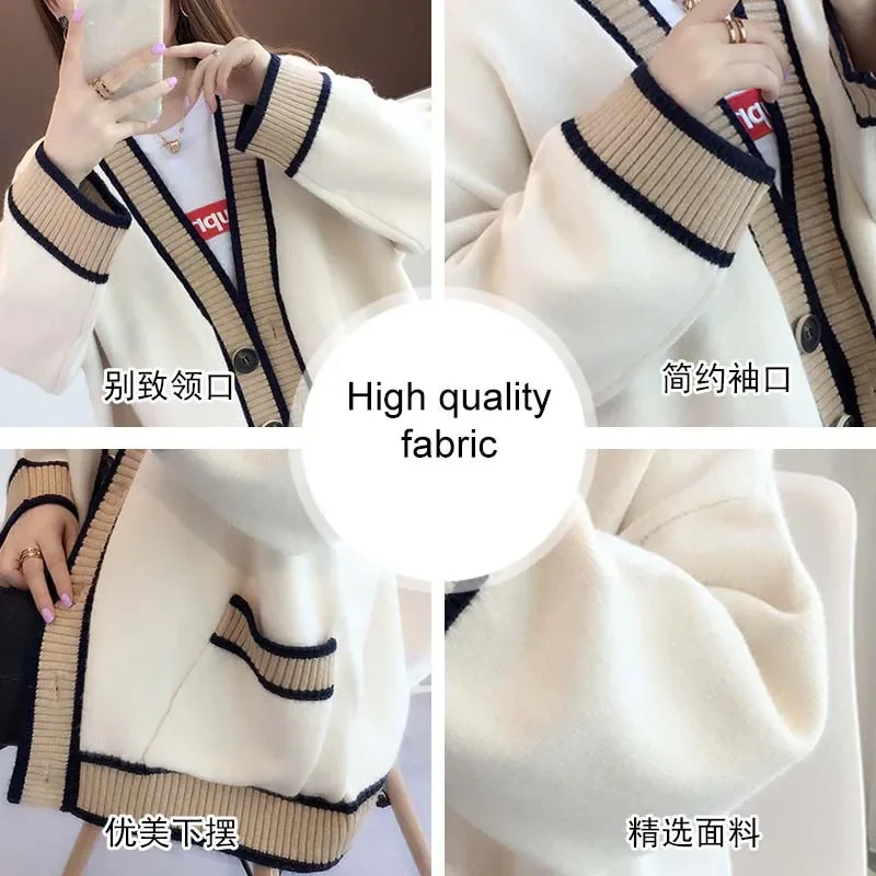 Spring New Women Elegant Long Sleeve Knitted Cardigan Korean Fashion Stripe Sweaters Winter V-neck Casual Knitwear Coats Female