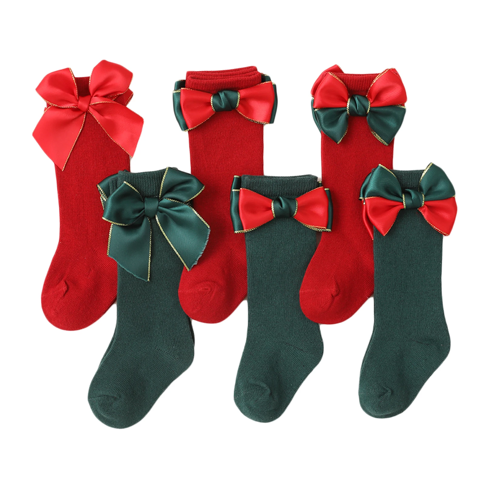 

2 Pairs Kids Christmas Socks Mid-Calf Length Socks with Bowknot Decoration for Toddlers Girls Boys 0-4 Years