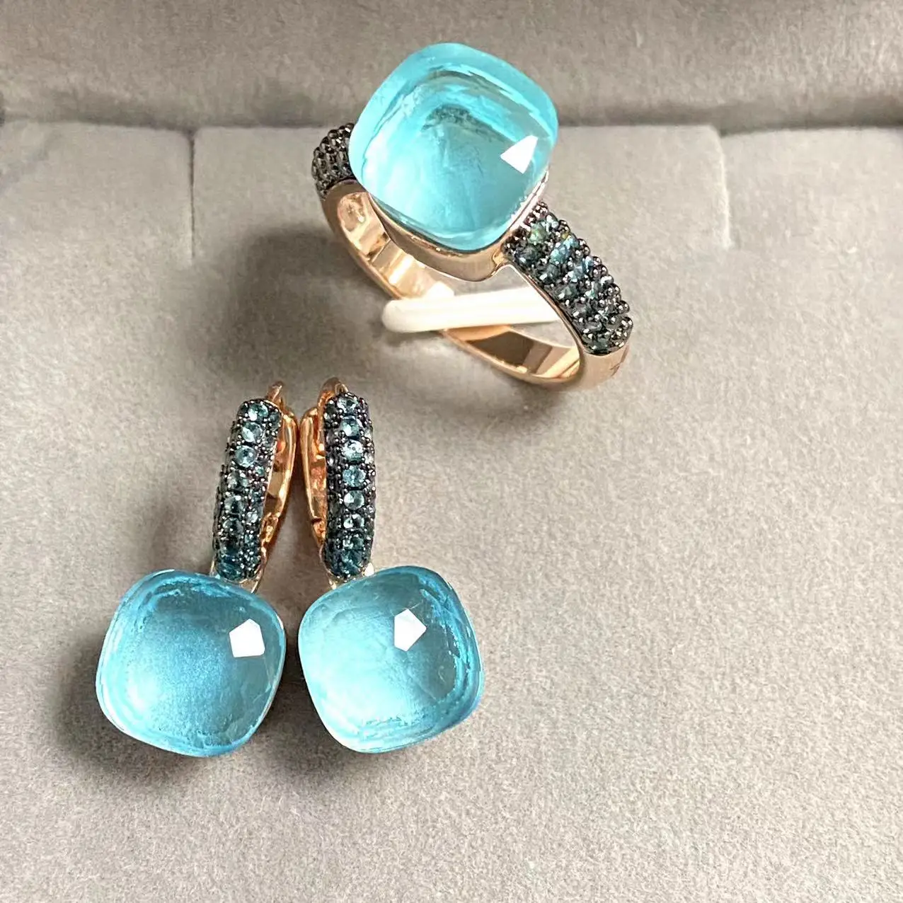 2Pcs/Set Classic Jewelry Set Ring Earrings Inlay Blue Topaz Zircon With Black Gun Plated 34Colors Candy Crystal Jewelry Set