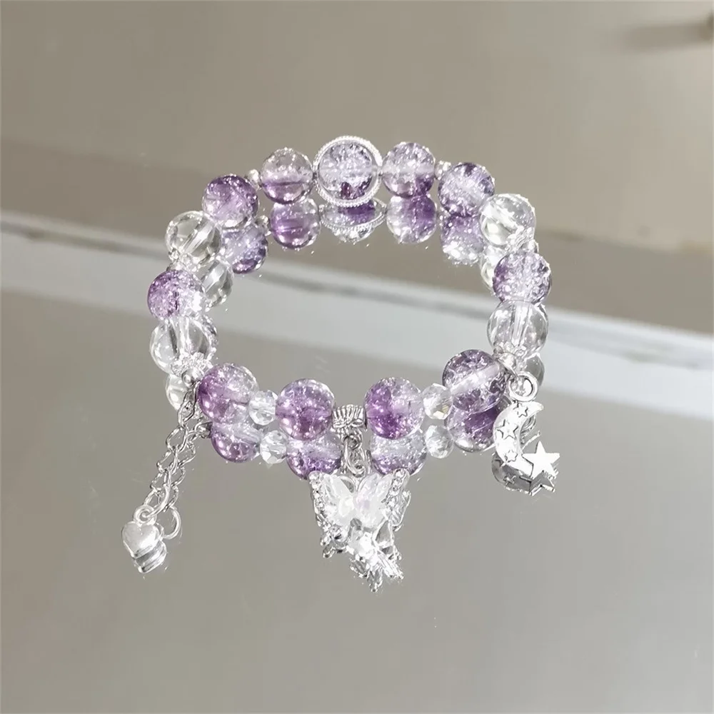 2026 Sweet Purple Crystal Butterfly Bracelet for Women Simple Heart MoonCharm Bracelet Popular Fashion Jewelry Holiday Gift