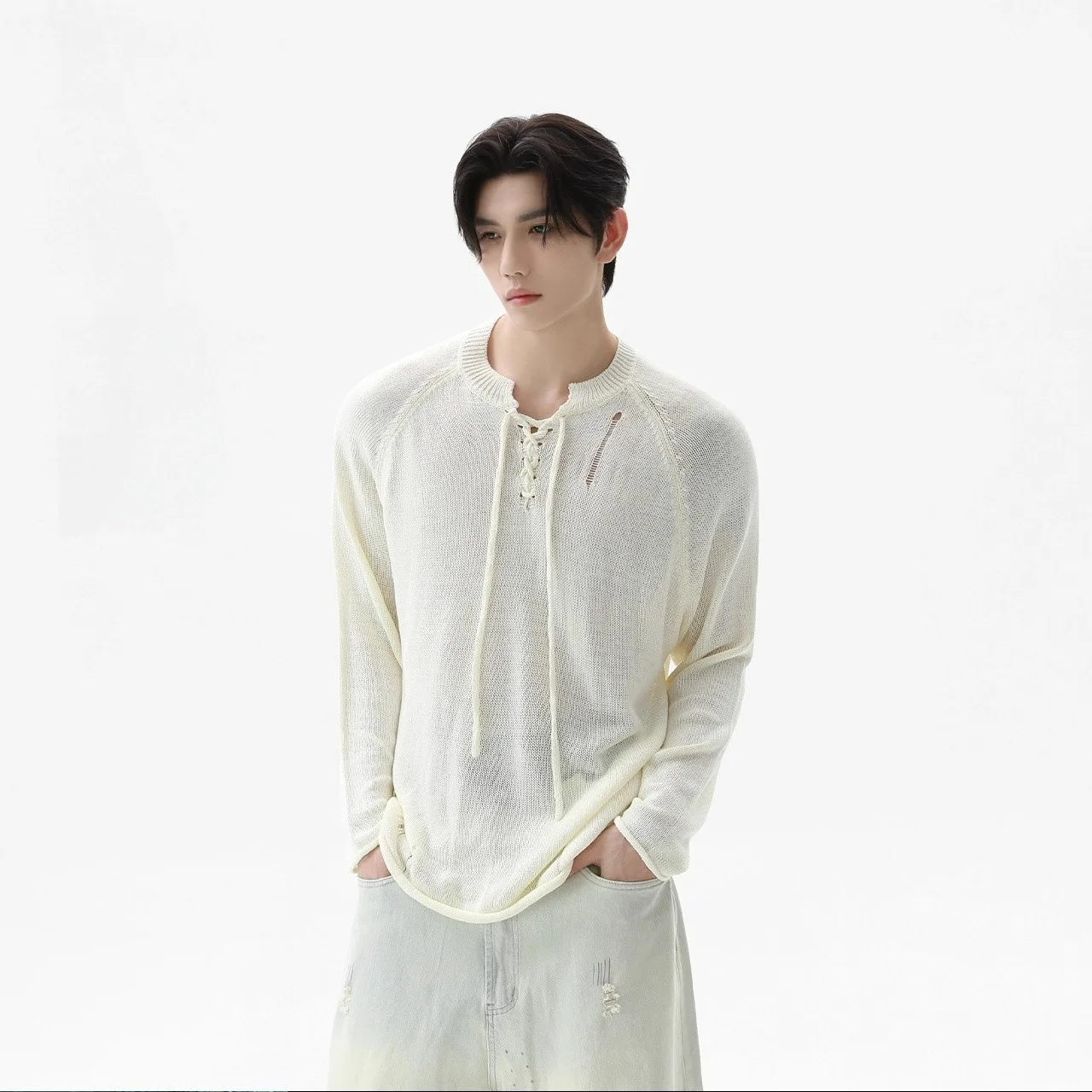 Destroy strap design knitted raglan sleeve long-sleeved T-shirt new loose lazy commuter men's early autumn top