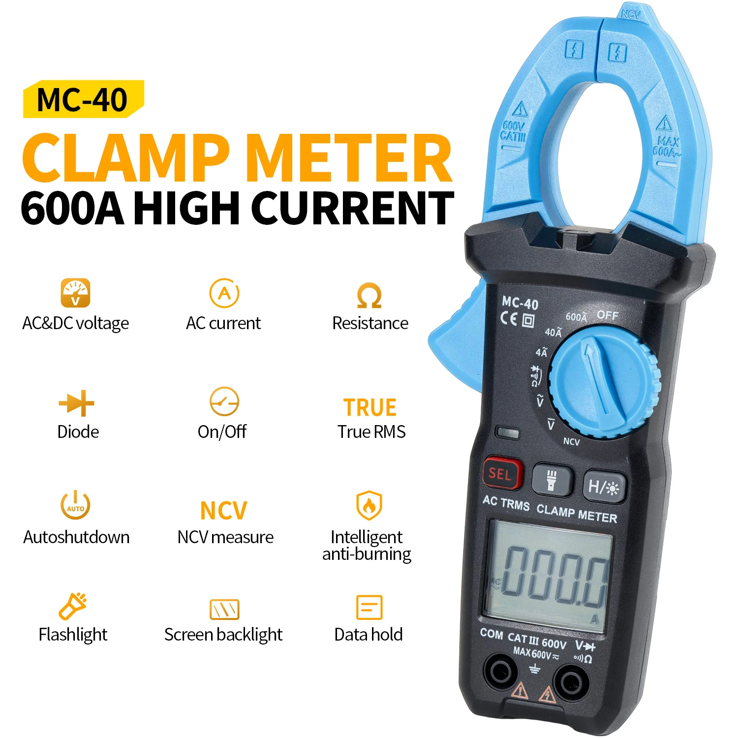 FNIRSI MC-40 Digital Clamp Meter Multimeter 6000 Counts True RMS Auto Range AC DC Voltage 600V AC 600A Diode NCV Ohm Test