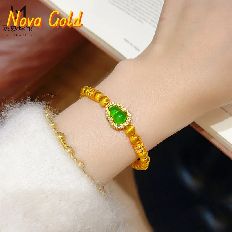 NovaGlod New Chinese style national style 24K real gold dots diamond green gourd double row running ring cat eye 9999 bracelet b