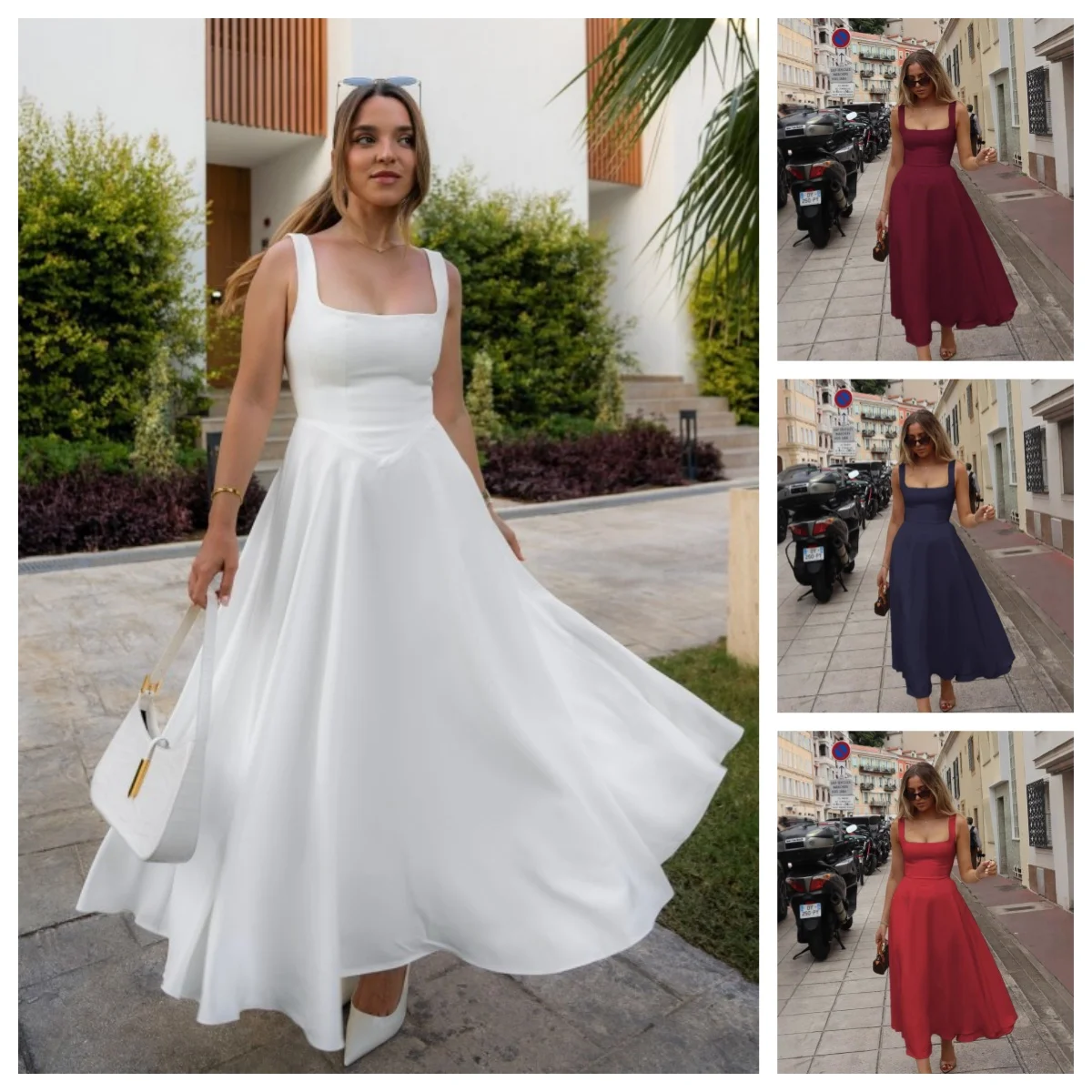 Sexy Quadratischer Ausschnitt Damen Maxikleid Weißes Trägerkleid mit Hoher Taille Sommerliches Schlankes Elegantes Party-Clubwear