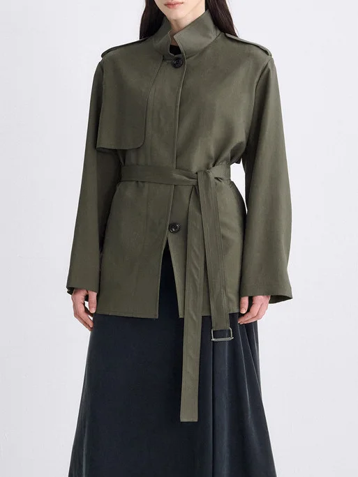 

Faionable Briti Sle Свободное пальто с поясом для похудения Универсальный воротник-стойка Длинная ветровка све для поездок на работу для женщин