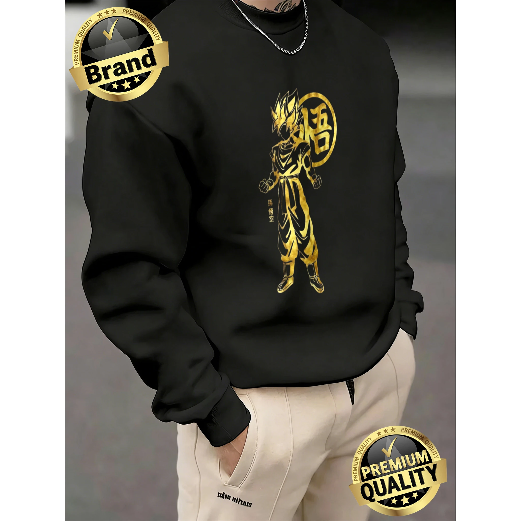 

2026 Spring Autumn Retro Dragon Ball Sweatshirt, 100% Cotton Crewneck, Gold Goku Print, Oversized Daily Sports Top Comfortable