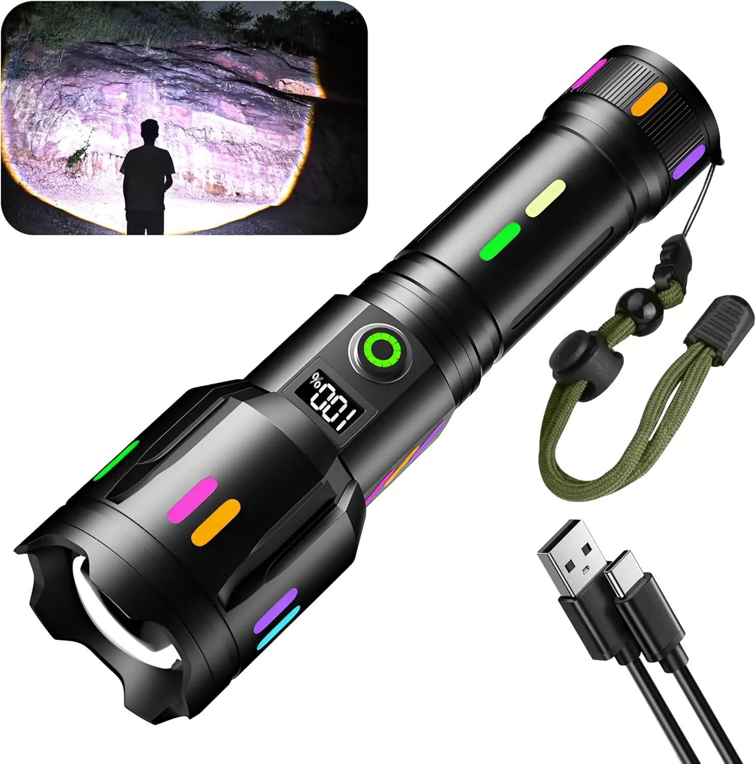 30000 High Lumens Fast Charging Flashlight ,6 Lighting Modes IP67 , Zoomable Long Shot Flash Light for Hiking,Camping