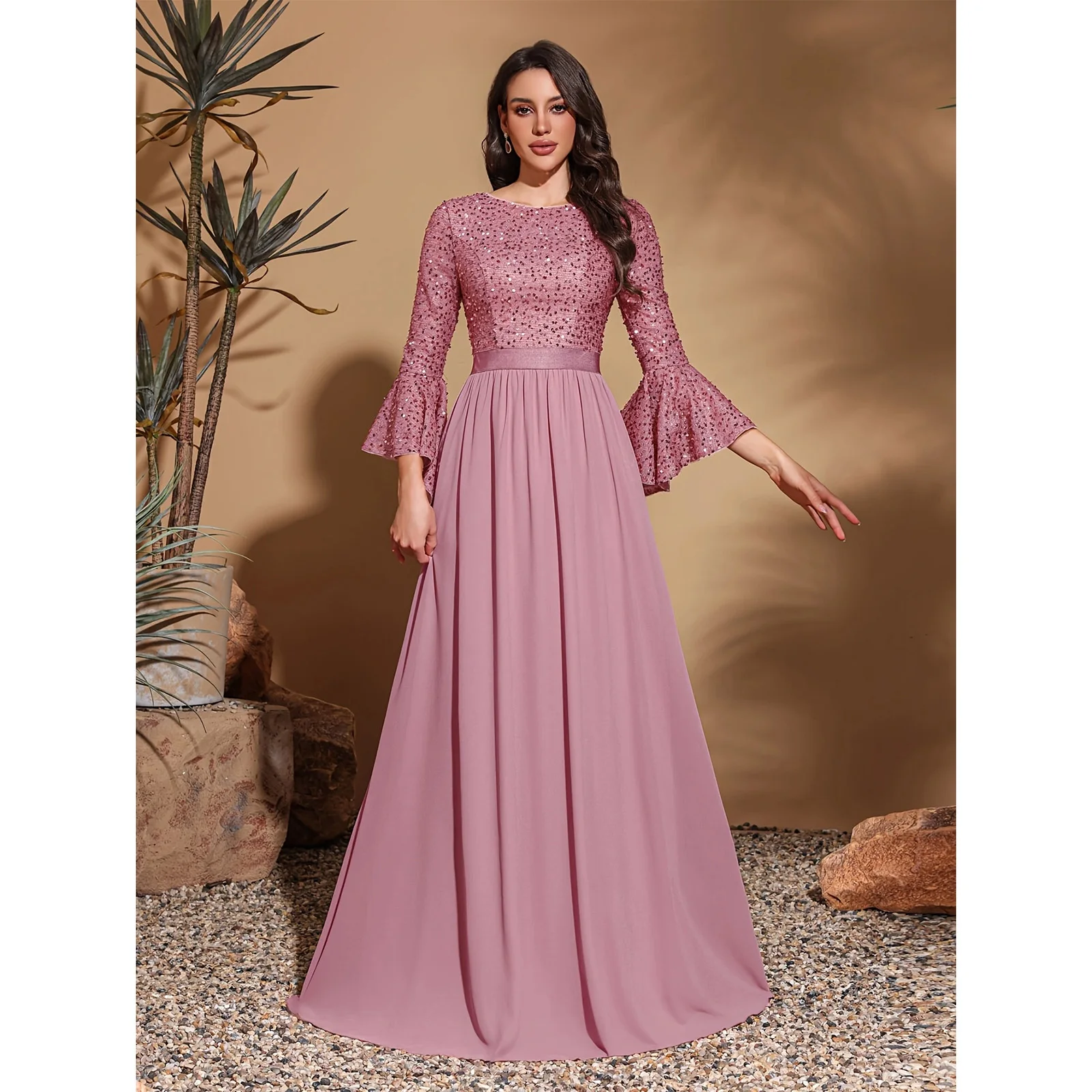 رقبة دائرية، أكمام بوق مطرزة، مقسمة حاشية شيفون، فستان ريترو أنيق #1