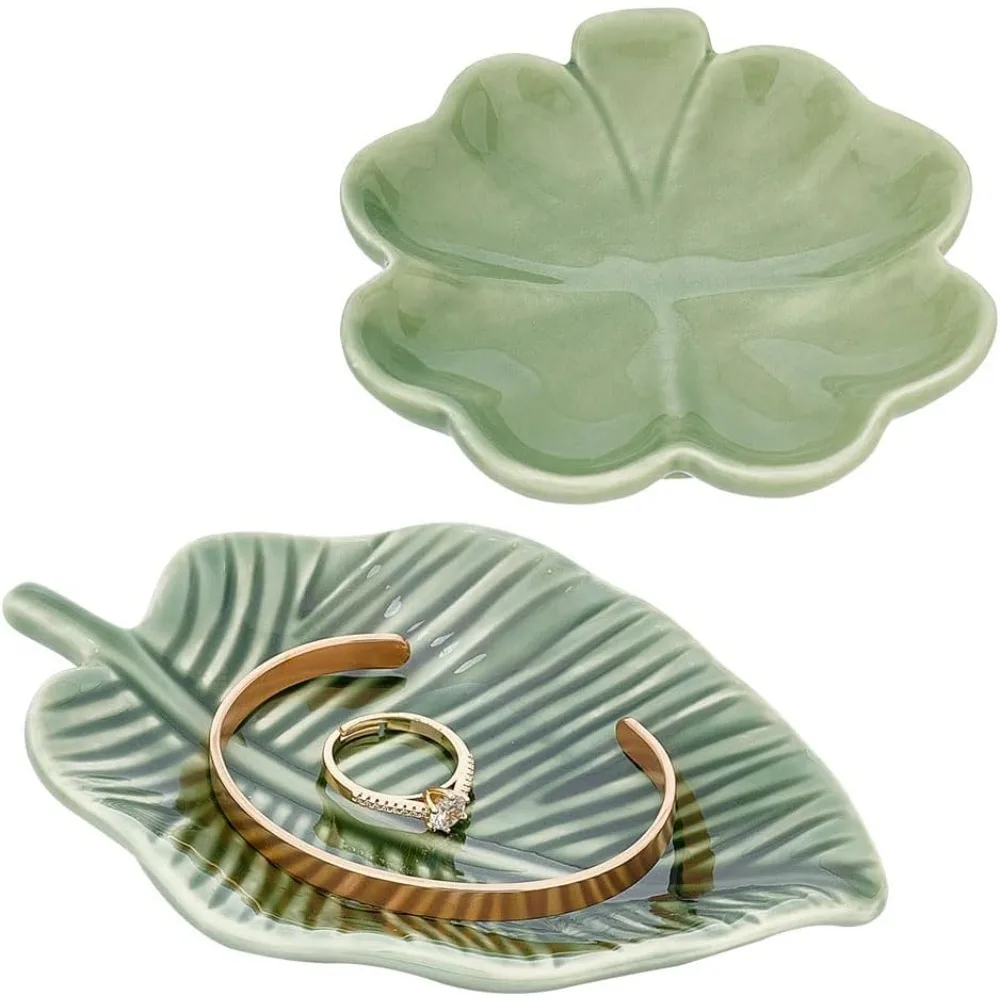 2pcs Leaf Trinket Dish 2 Style Decorative Ring Dish Holder Leaf Shaped Ring Holder Porcelain Jewelry Plate Jewelry Dish Tray