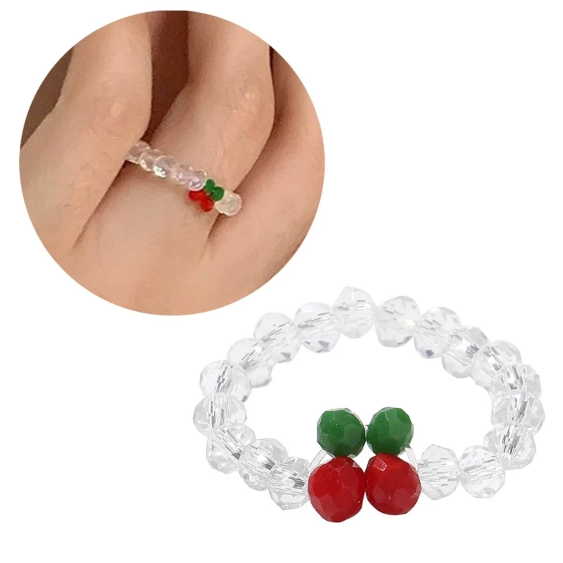 Elastic Red Cherry Rings Stretchable Cherry Beaded Rings Comfortable Wear Party Acrylic Finger Rings Women