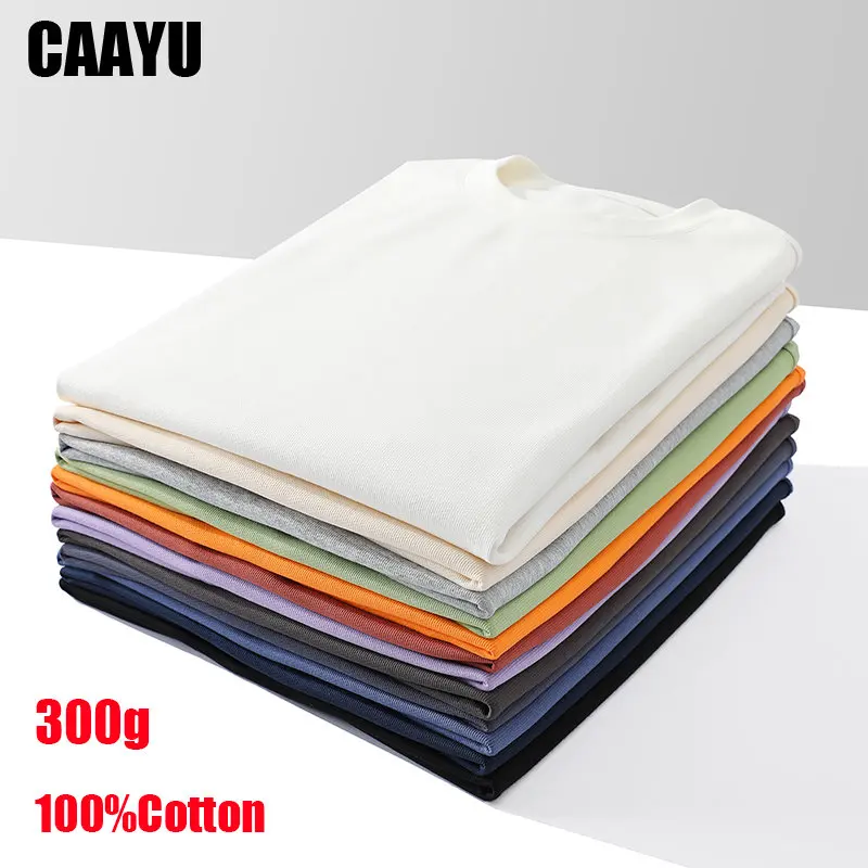 CAAYU Men's Short Sleeves 300g Cotton Solid Round High Quality T-shirt Summer New Casual Slim Fit Plain Large Size T-shirt Male