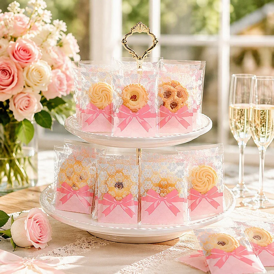50-150Pcs Pink Bow Lace Plastic Cookie Bags Self‑adhesive Transparent Candy Treat Gift Pouches Wedding Birthday Party Favor