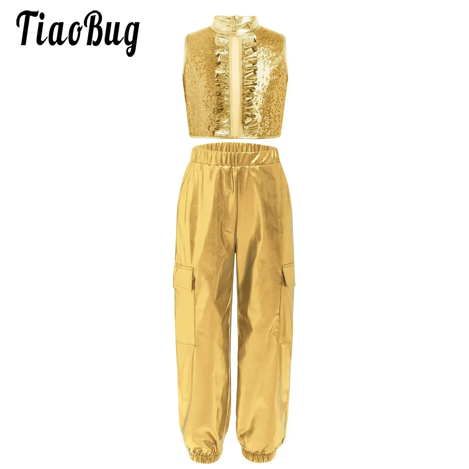 

Kids Girls Shiny Jazz Hip Hop Street Dance Performance Costume Outfit Sleeveless Sequin Crop Top And Pants Cheerleader Dancewear