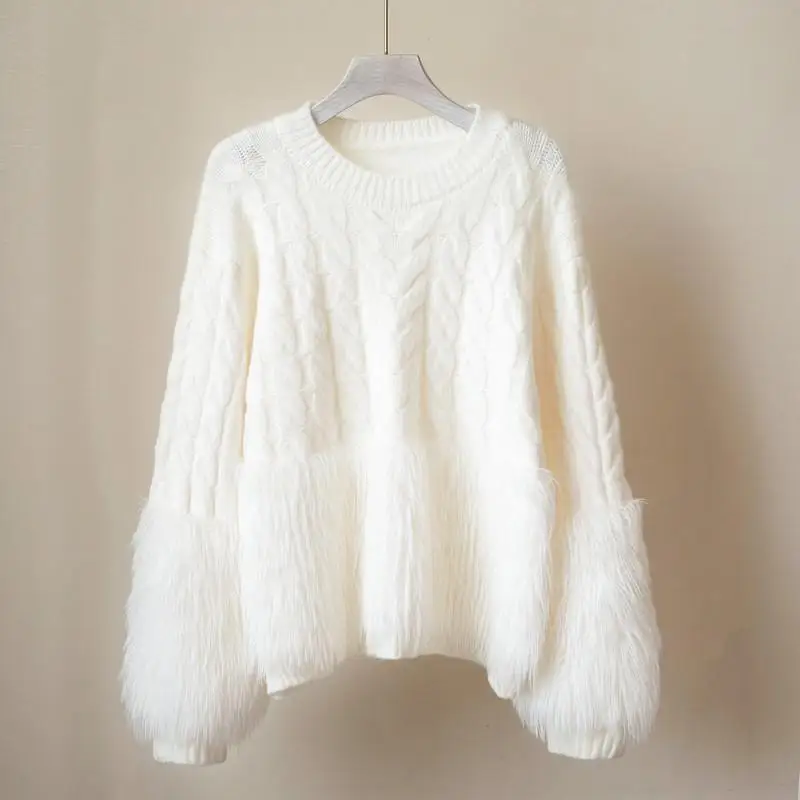 

#4326 Autumn Winter White Pink Knitted Mohair Sweater Warm Tassels Split Joint Knitwear Women Sweaters And Pullovers Round Neck