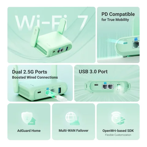 GL.iNet GL-MT3600BE(Beryl 7) Dual-band Wi-Fi 7Wireless 2.5G Router,Mini Portable VPN Routers WiFi for Car, Travel, Business