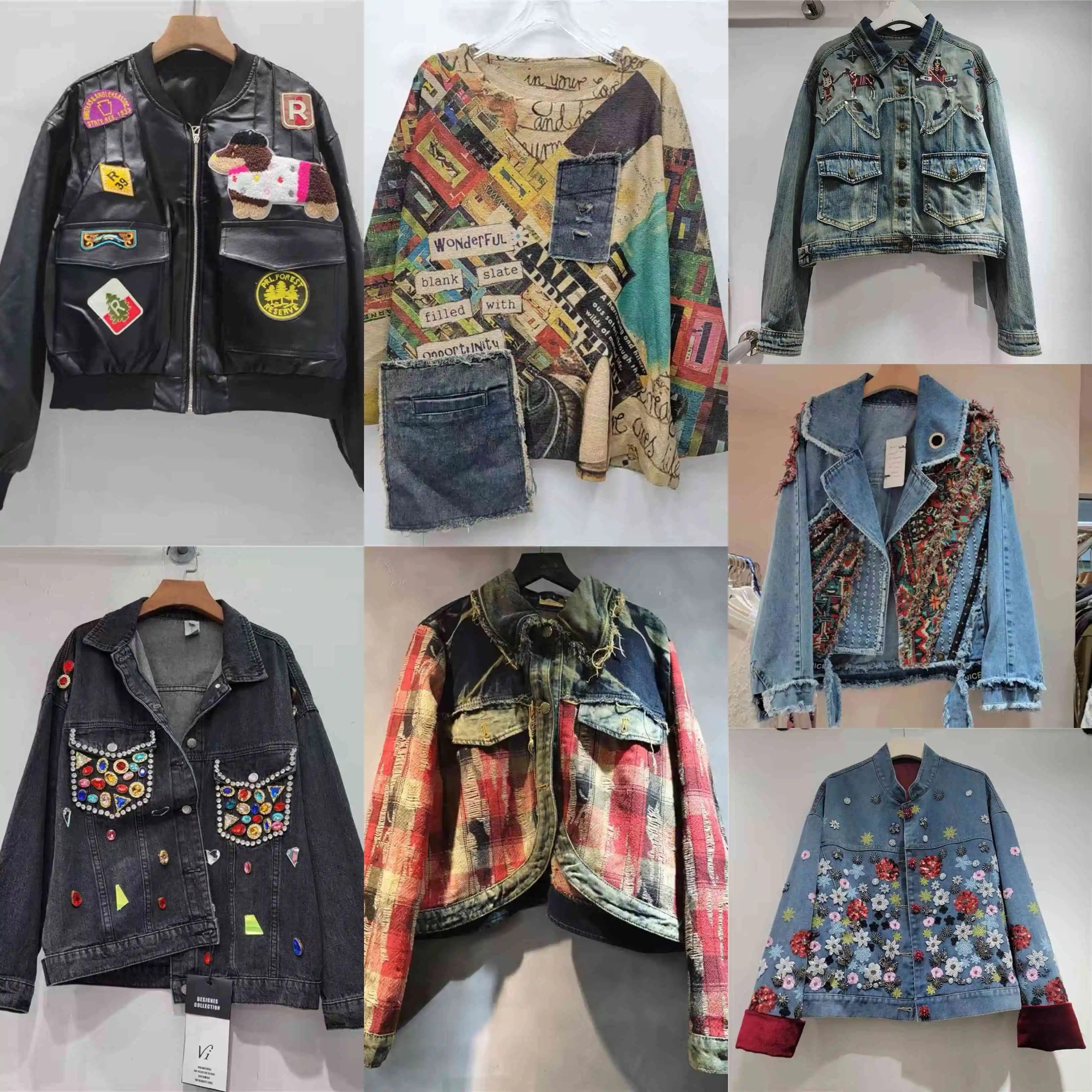 European and American trendy heavy industry colorful diamond inlaid embroidery nail bead loose denim jacket with ethnic style