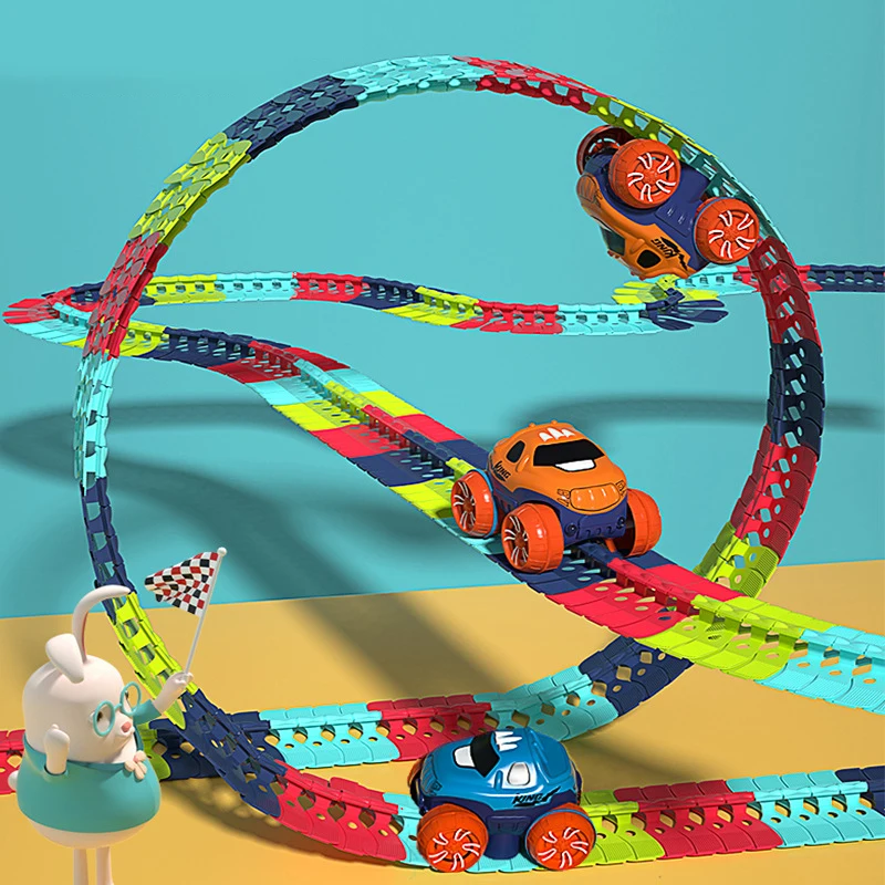 Pista cambiable con luz LED, Kit de juguetes de ferrocarril Flexible, juego de pista de carreras ensamblado Diy, juguetes creativos para niños