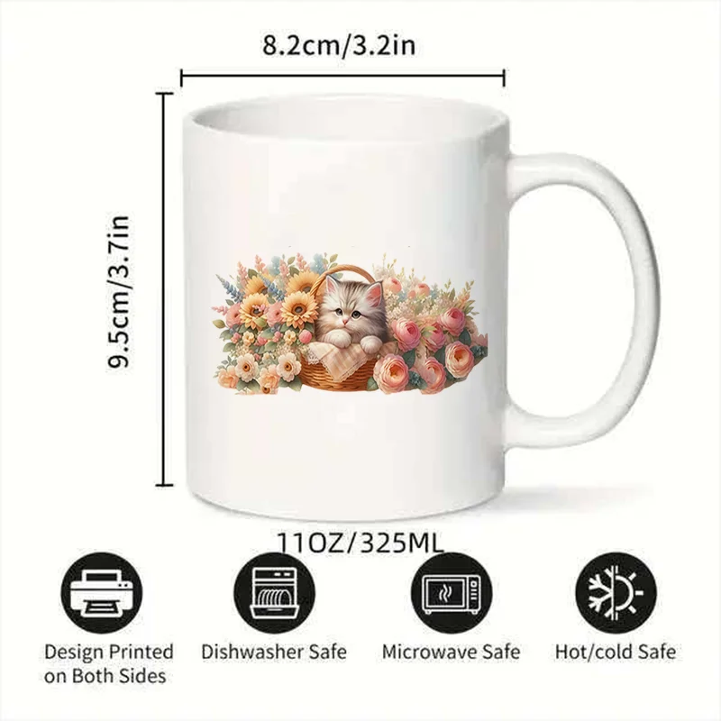 Cute Kitten In Flower Basket Colorful Print Ceramic Coffee Mug, 11oz 350ml Personalized Custom Mug, Microwave Safe Cute Aestheti