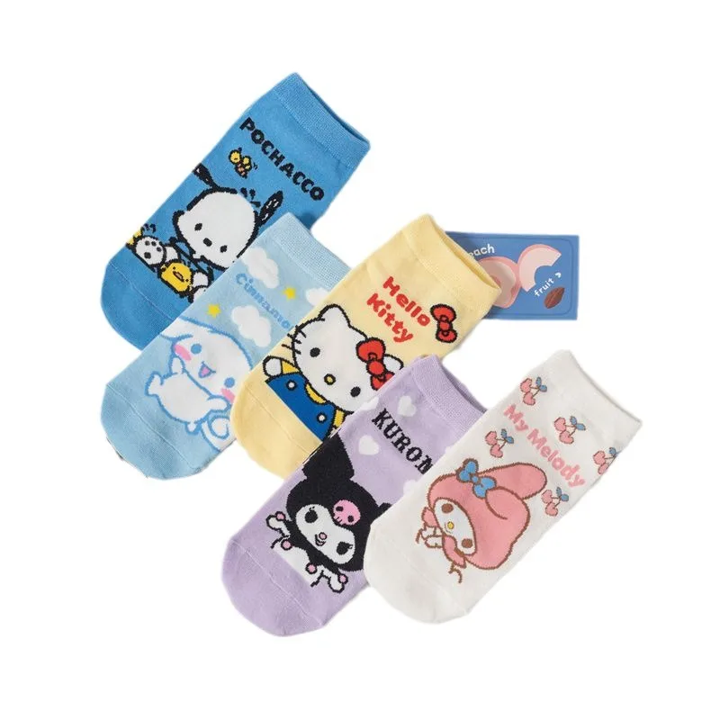 5 pares de calcetines Kawaii Sanrio de alta calidad para mujer, calcetines informales novedosos y bonitos de dibujos animados para mujer