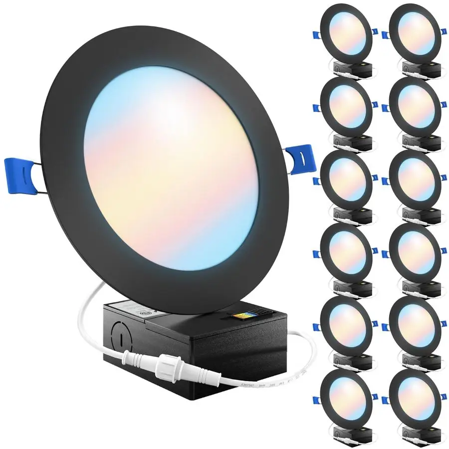 

12 Pack 6 Inch Ultra Thin LED Recessed Ceiling Lights Slim, Selectable CCT 2700K 3000K 3500K 4000K 5000K, Dimmable 14W, Wafer Th