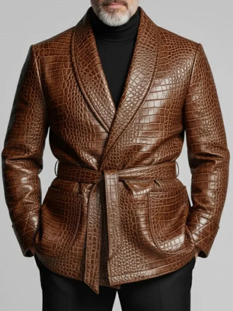 Men Shawl‑Lapel Croc‑Embossed Belt‑Waist Casual Blazer Wrap‑Style Jacket