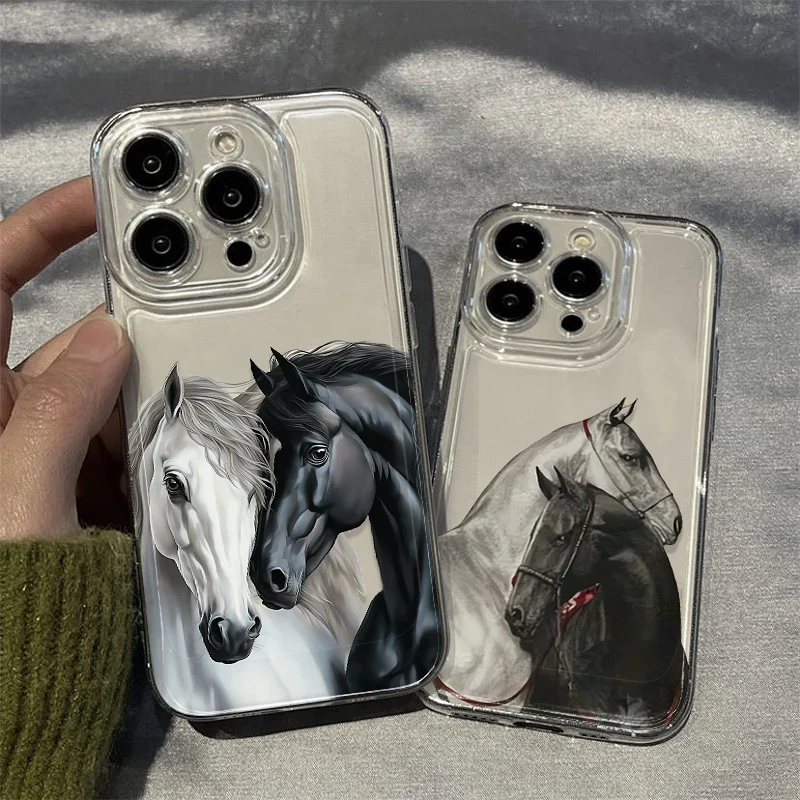 Black And White Couple Horses Silicone Case For Apple IPhone 15 16 14 13 12 11 17 Pro Max 17 Air 16 Plus Protective Phone Cover