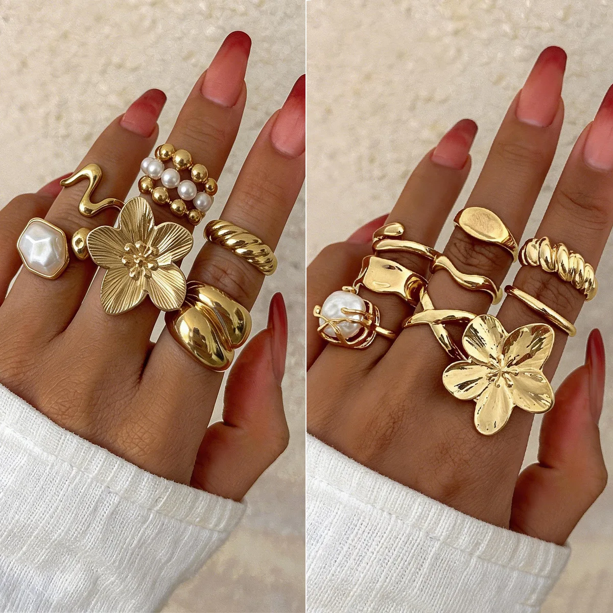 Ring Sweet Cool Open Knuckle Irregular Pearl Twisted Cross Metal Alloy Adjustable Band for Women Daily Summer Beach Gift